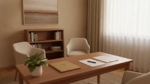 Artículos Escritorio de una consulta médica con una carpeta y documentos de presupuesto, luz natural cálida entrando por la ventana.