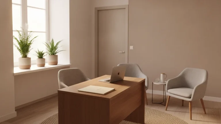 inicio Consulta médica luminosa y ordenada, con un escritorio junto a una ventana con plantas, lista para una evaluación previa a una cirugía.