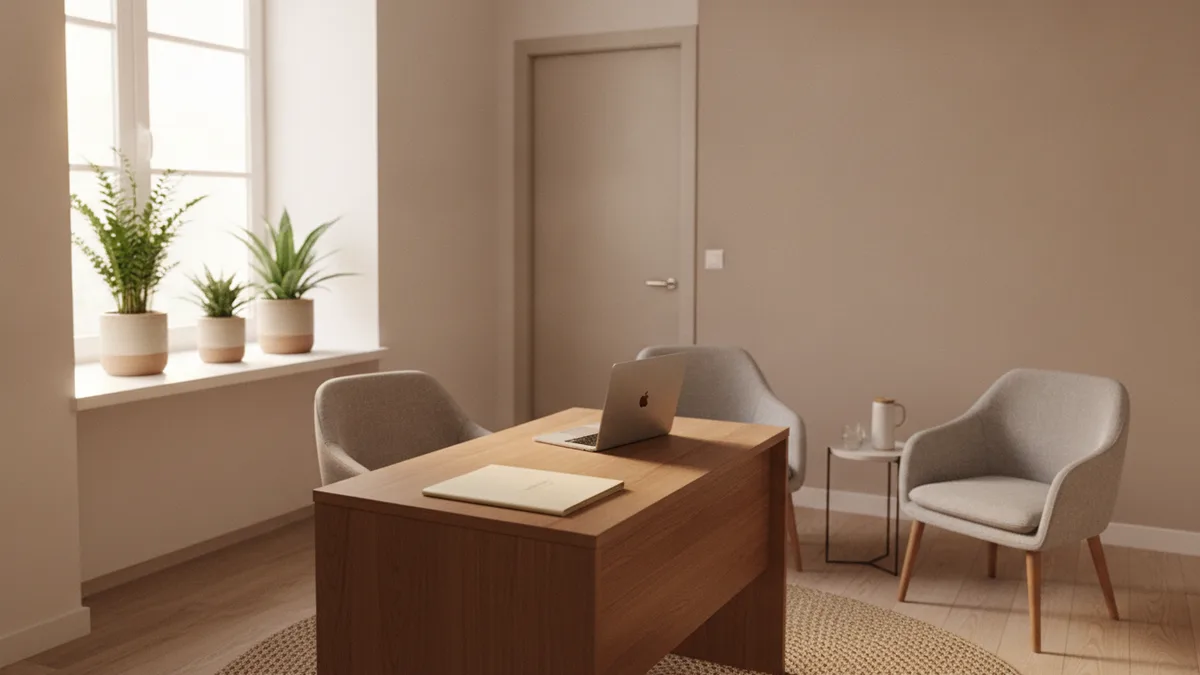 Consulta médica luminosa y ordenada, con un escritorio junto a una ventana con plantas, lista para una evaluación previa a una cirugía.