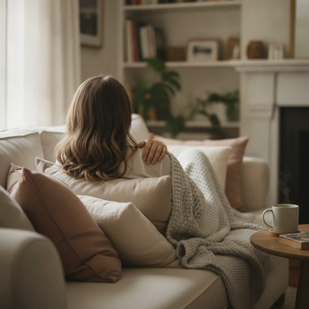 Mommy Makeover en Santiago: qué incluye y para quién es Recuperación en casa tras un mommy makeover: una madre descansa en el sofá con apoyo y ayuda para no cargar peso durante las primeras semanas.