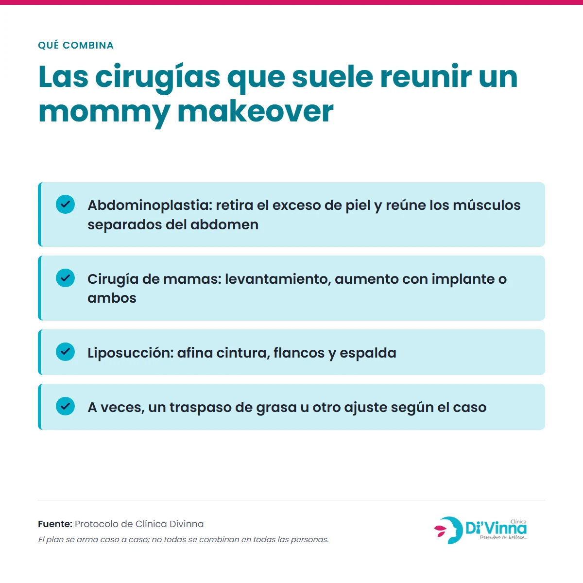 Mommy Makeover en Santiago: qué incluye y para quién es Cirugías que suele reunir un mommy makeover: abdominoplastia, cirugía de mamas (levantamiento o aumento), liposucción y, según el caso, un traspaso de grasa.