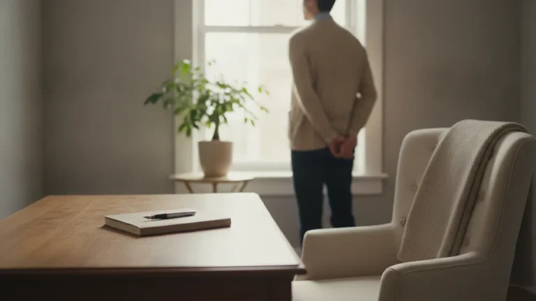 inicio Consulta luminosa y ordenada de la clínica, con un escritorio de madera y una planta junto a la ventana.