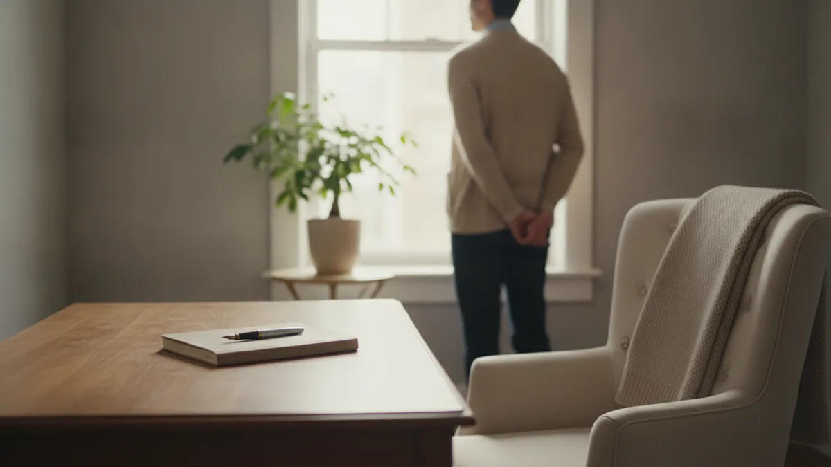 Consulta luminosa y ordenada de la clínica, con un escritorio de madera y una planta junto a la ventana.