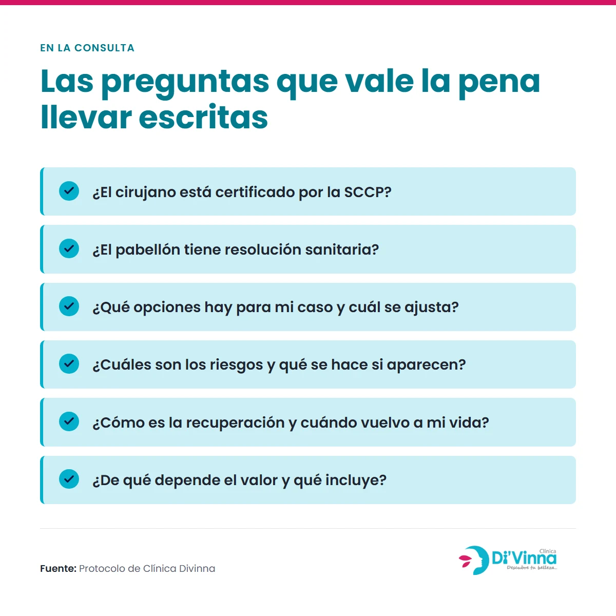 Qué preguntar en tu primera consulta de cirugía plástica Checklist de preguntas para la primera consulta: si el cirujano está certificado por la SCCP, si el pabellón tiene resolución sanitaria, qué opciones hay para tu caso, cuáles son los riesgos, cómo es la recuperación y de qué depende el valor.