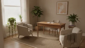 mastopexia Consulta médica luminosa y acogedora, con un escritorio ordenado, dos sillones y plantas junto a una ventana.